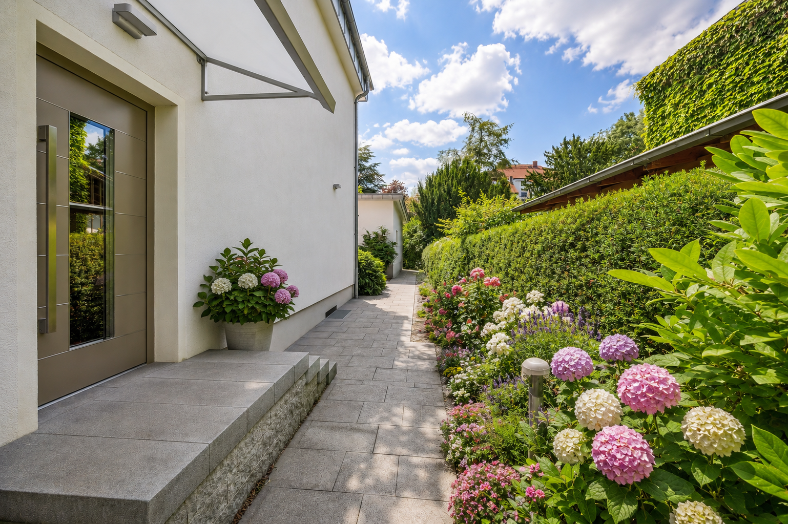 Modern home entrance with a tan door, stone steps, and a stone path lined with vibrant pink and white hydrangea bushes. [AI-generated text]