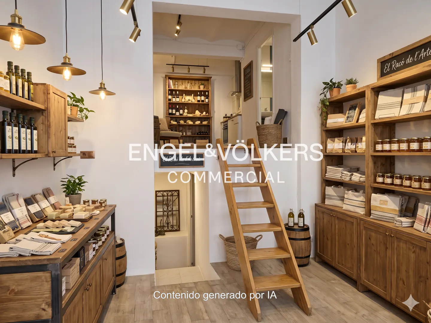 Engel & Völkers commercial space with wooden shelves displaying food items and a ladder leading to another level.