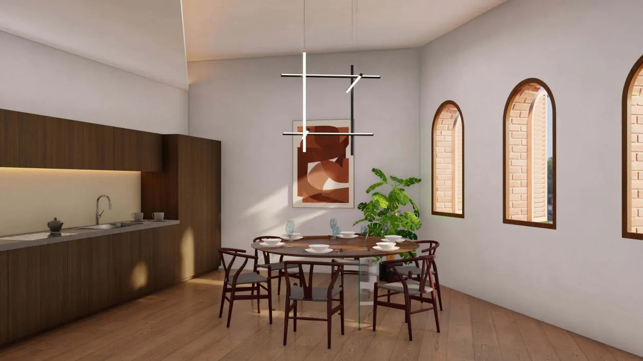 A modern kitchen and dining area with wood floors, cabinets, and a round table with six chairs. Arched windows line the wall.