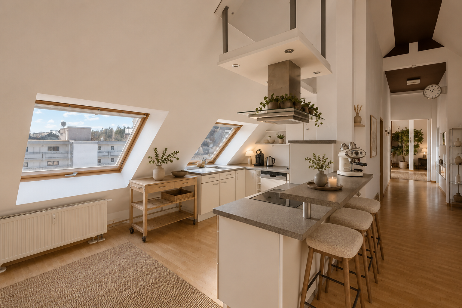 Modern attic kitchen with white cabinets, a breakfast bar with three stools, skylights, and light wood flooring. [AI-generated text] [search.image.alt.aiModified]