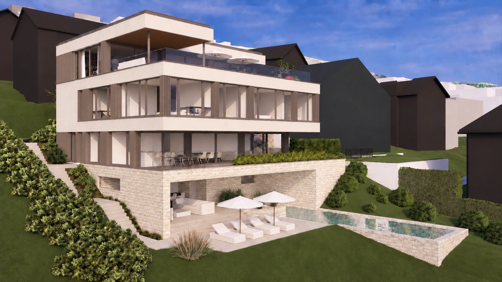 Modern three-story villa with floor-to-ceiling windows, a stone-walled patio, lounge chairs, umbrellas, and a small pool. [AI-generated text]