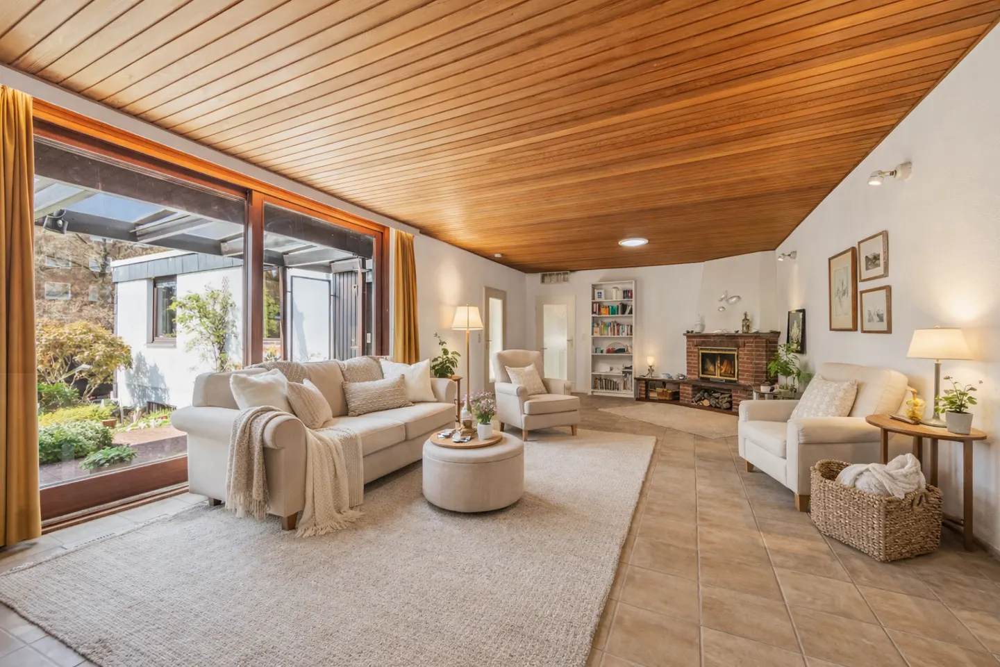 Living room with wood ceiling, beige sofa, chairs, and rug. A brick fireplace and large windows with garden view add warmth.