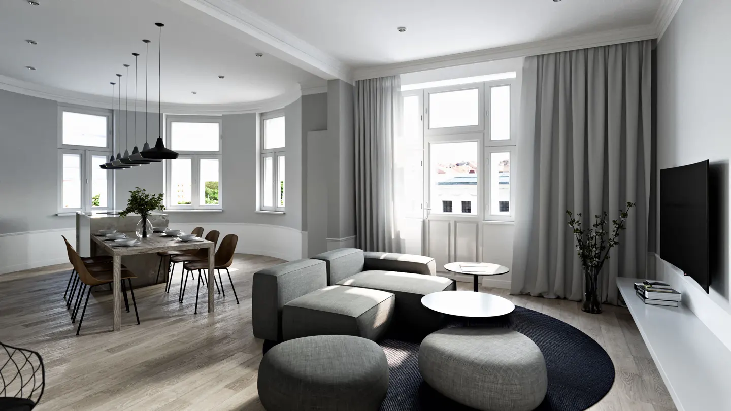 Modern open-plan living room with gray sofa, round ottomans, dining area, and large windows with light gray curtains.