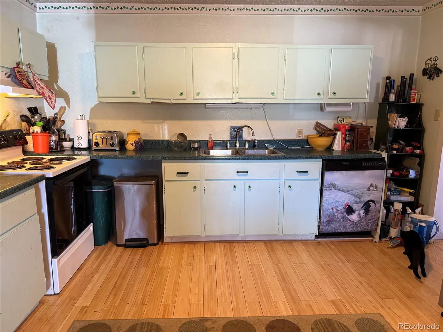 A kitchen with light green cabinets, dark green countertops, and wood floors. A black cat is walking in the lower right corner.