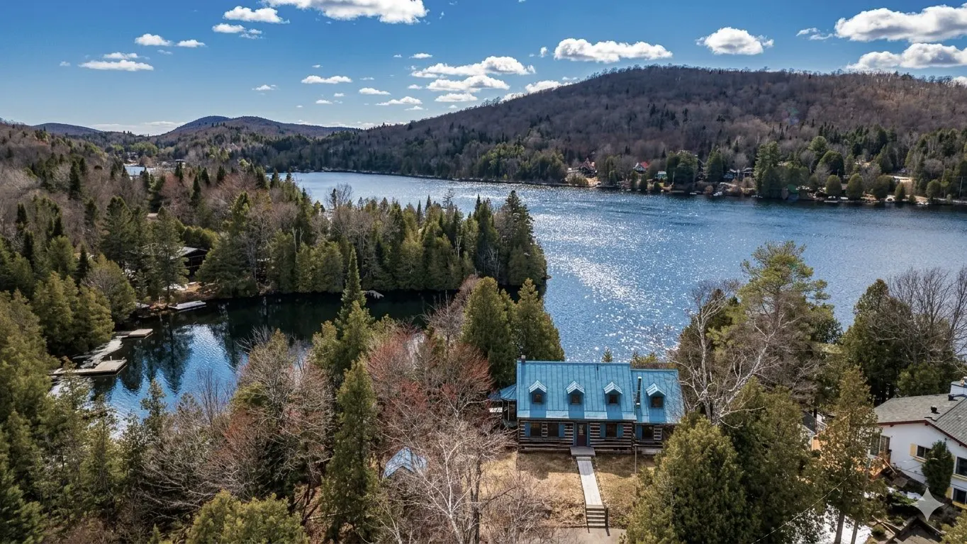 Aerial view of a log cabin with a blue roof, surrounded by trees, near a lake and mountains.