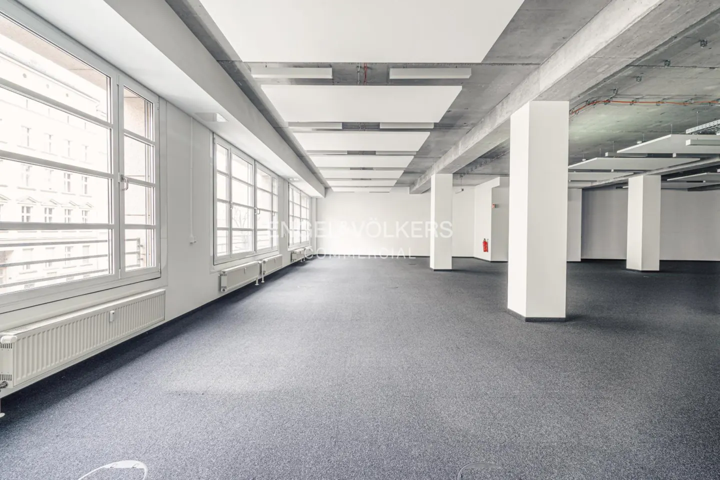 Bright, empty commercial space with gray carpet, white walls, and large windows. Concrete ceiling with white panels and support columns.