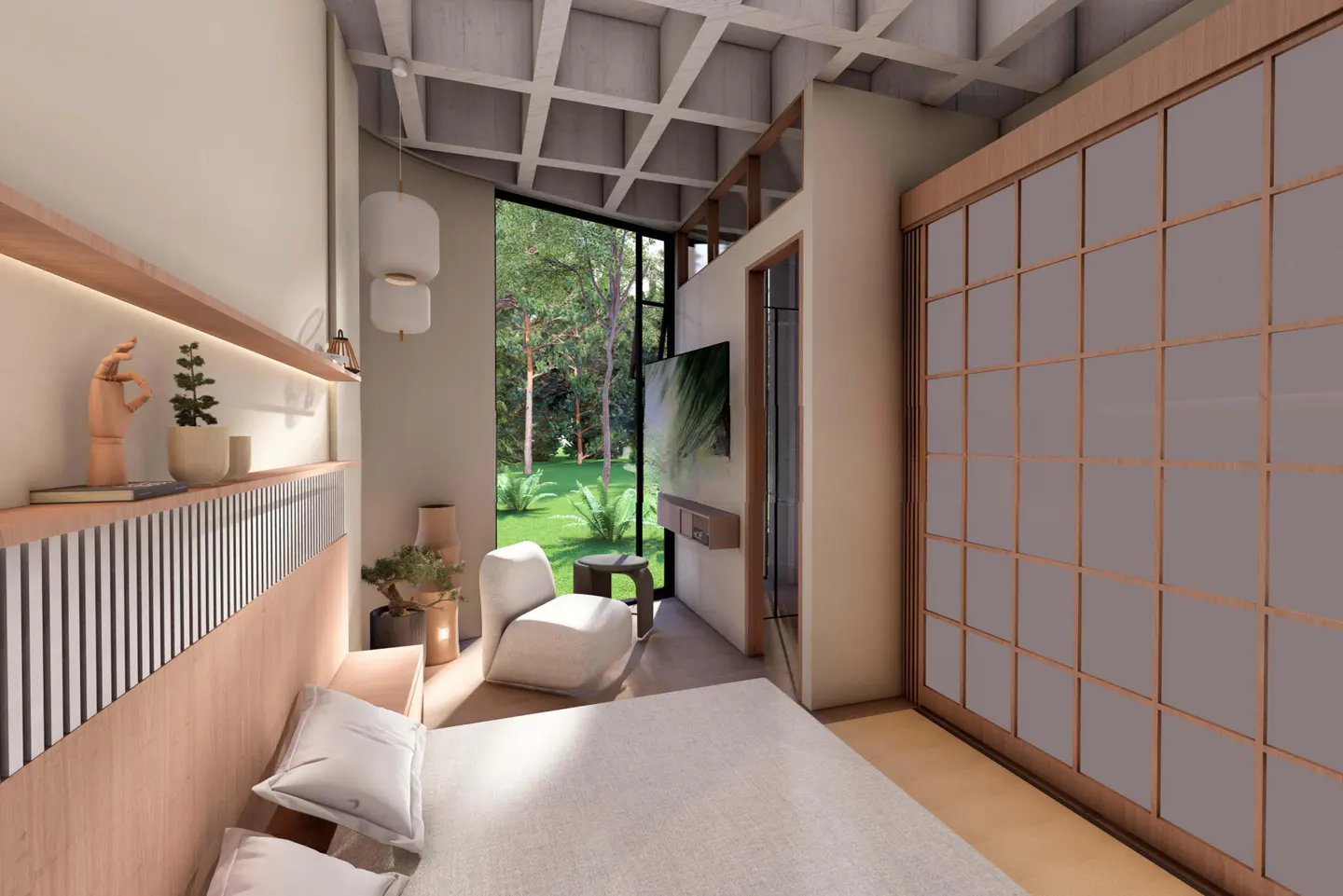 Bedroom with a white bed, chair, and a large window overlooking a green garden. A wooden hand sculpture sits on a shelf.