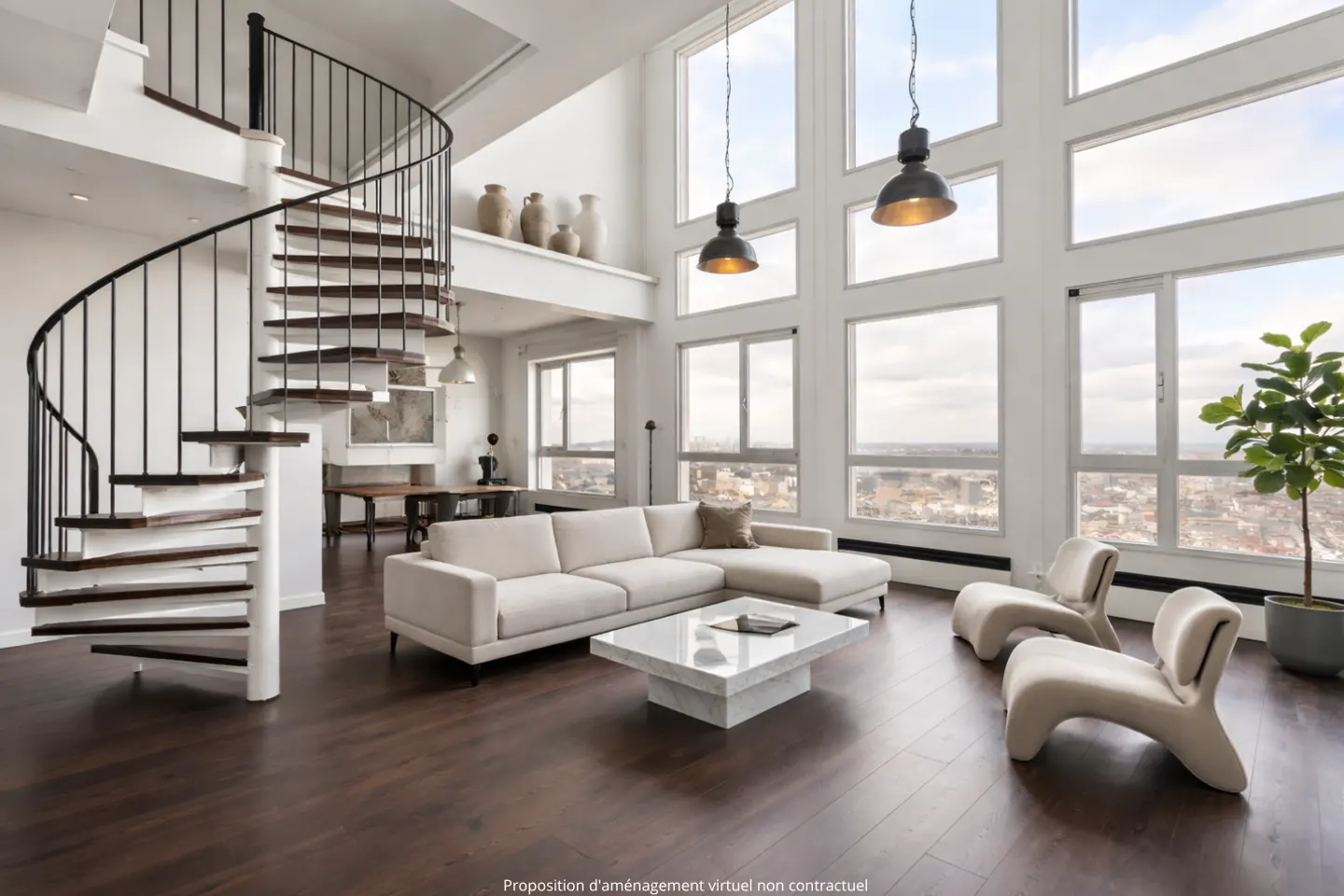 Bright, modern living room with a spiral staircase, white sofa, and floor-to-ceiling windows overlooking a city.