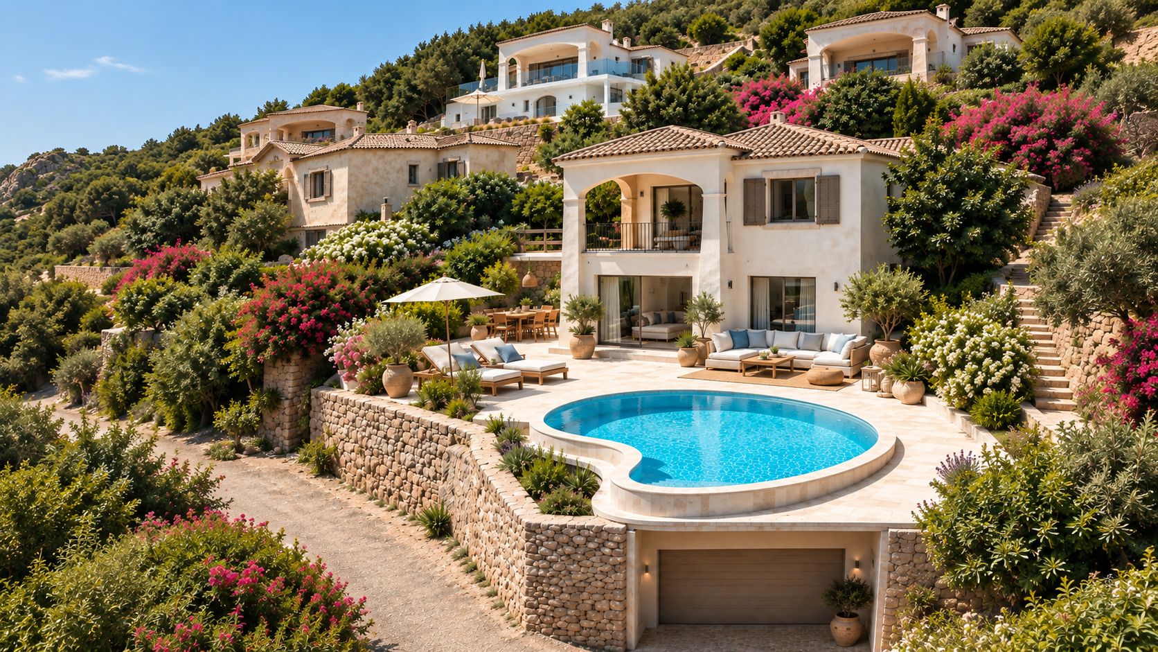 Luxury Mediterranean villa with a kidney-shaped pool, stone terrace, outdoor seating, and lush gardens on a hillside. [AI-generated text] [AI-modified]