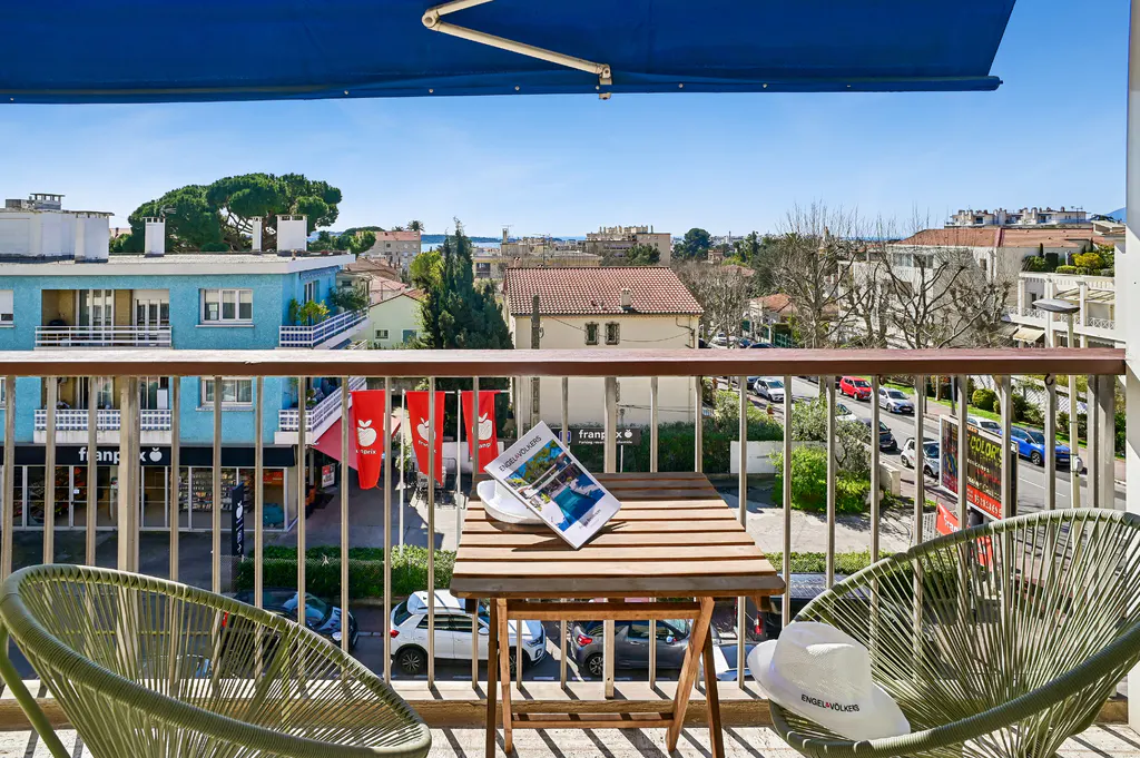 Balcony view with two green chairs, a small table with a magazine, and a white hat. City buildings and blue sky in the background.