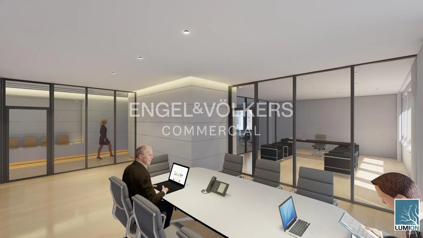 Modern office interior with a glass-walled conference room, a white table, laptops, and professionals working.