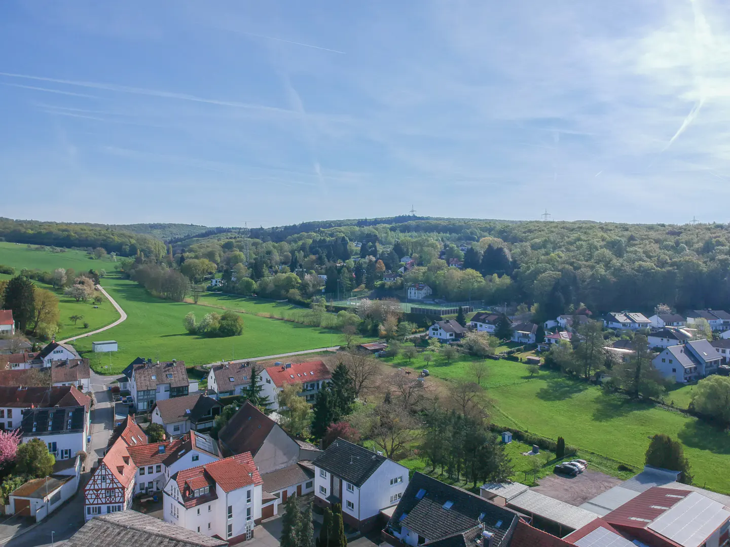 Aerial view of a village with red-roofed houses, green fields, and a forest under a blue sky.