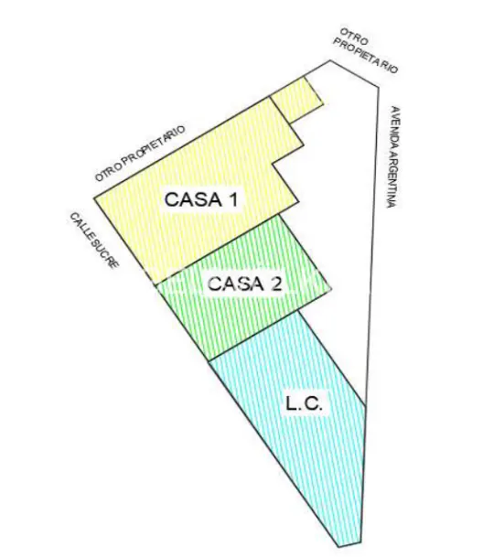 Property map showing Casa 1 in yellow, Casa 2 in green, and L.C. in blue, bordered by streets.