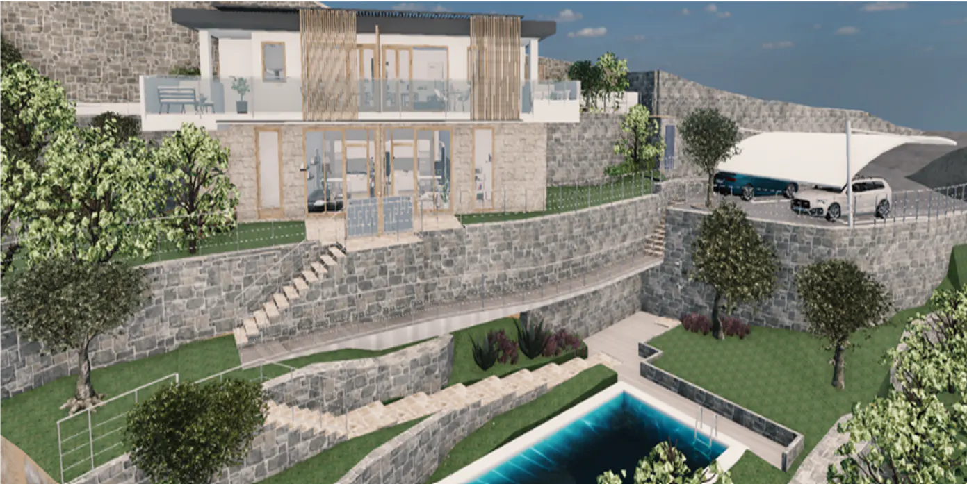 Two-story house on a hill with a pool, stone walls, and a carport with two cars.