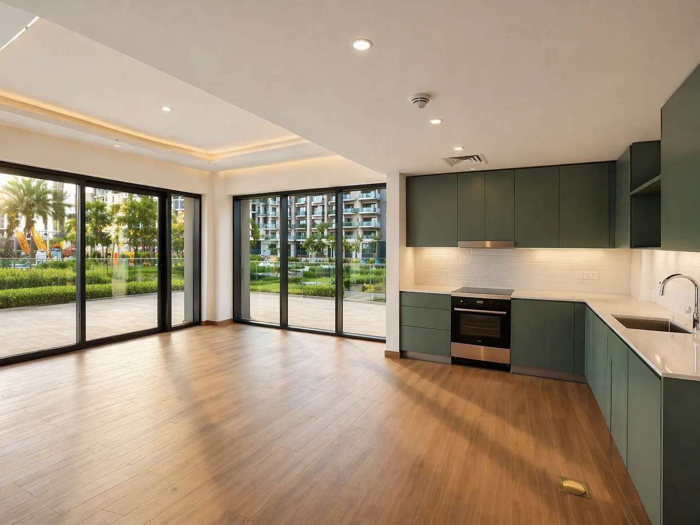 Bright, modern apartment with wood floors, green cabinets, and large windows overlooking a park.