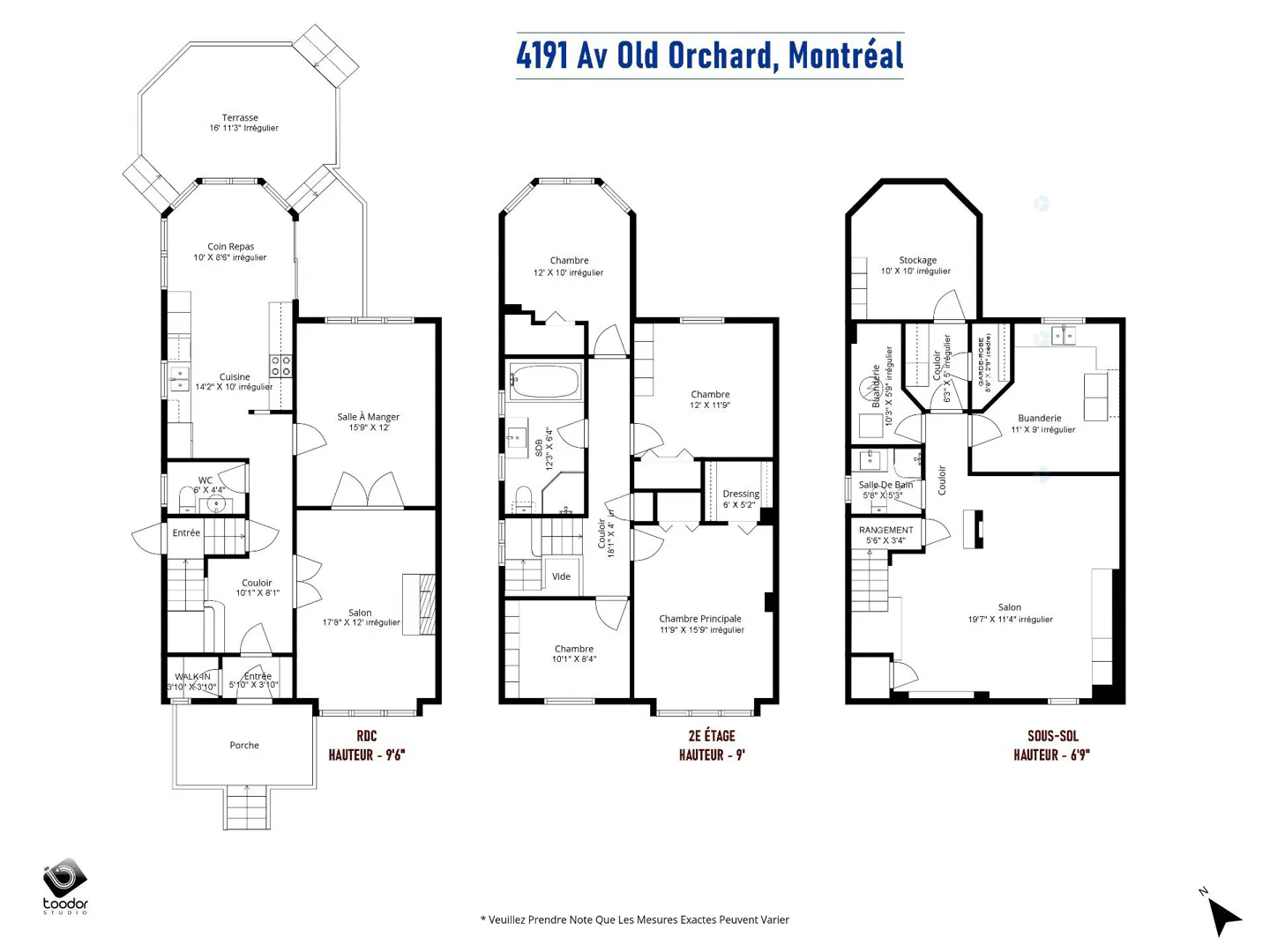 Floor plan for 4191 Av Old Orchard, Montréal. Three floors are shown: ground floor, second floor, and basement. Each floor plan includes room dimensions.