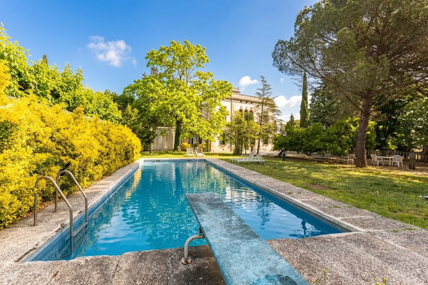 Outdoor pool with diving board, surrounded by green trees and yellow bushes. A large building is in the background.