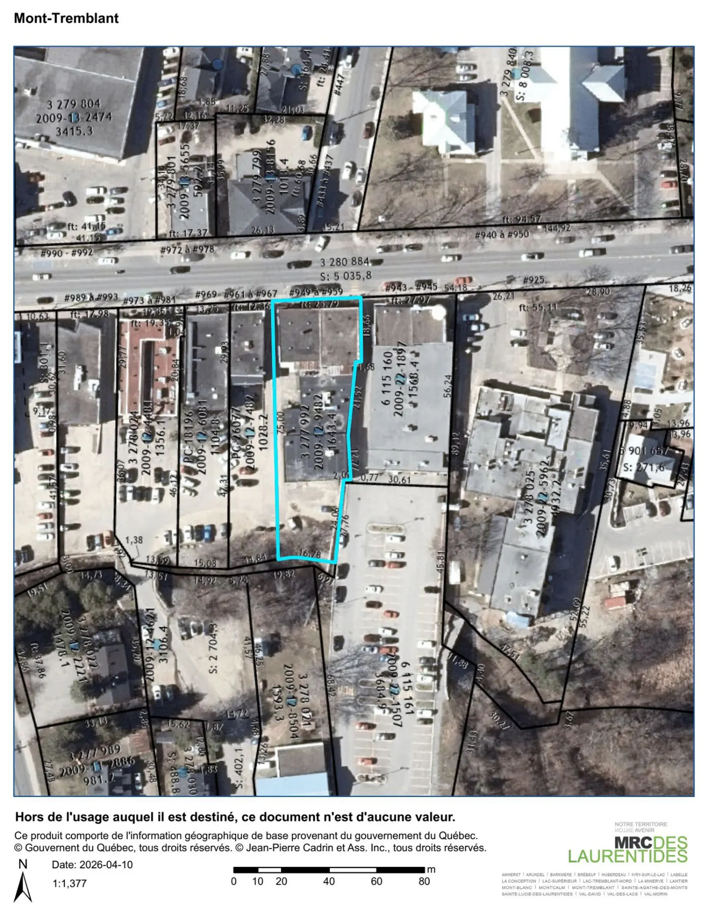 Aerial view of Mont-Tremblant property outlined in blue, showing buildings, parking, and surrounding streets.