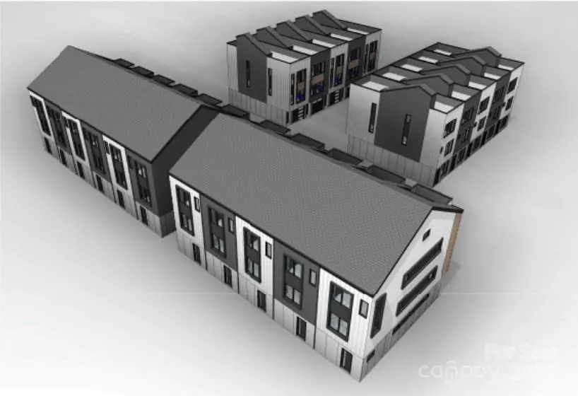 Architectural rendering of a modern, multi-unit residential building with gray roofs and white and gray siding.