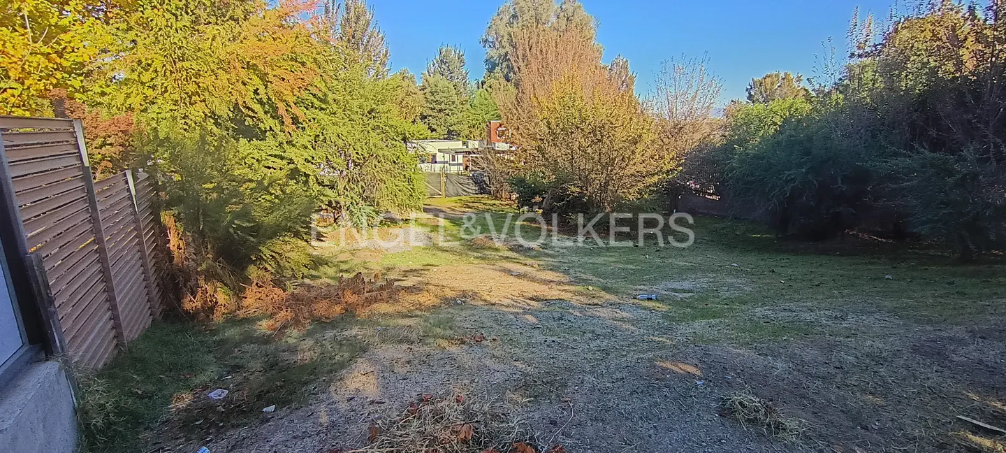A vacant lot with grass and trees, surrounded by a wooden fence and other houses in the background.