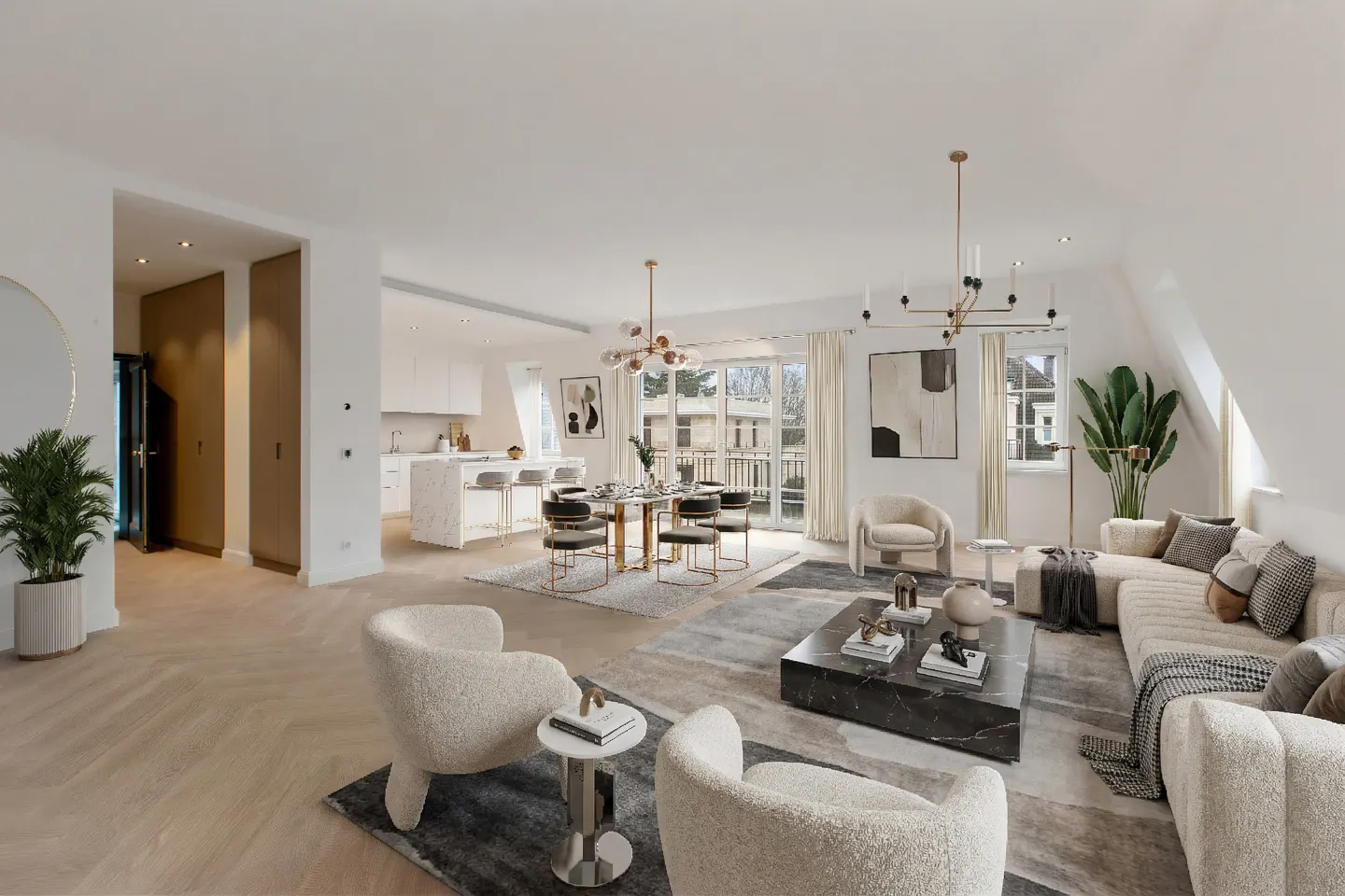 Bright, open-concept living space with white walls, light wood floors, and modern furniture. Kitchen, dining, and living areas flow seamlessly.