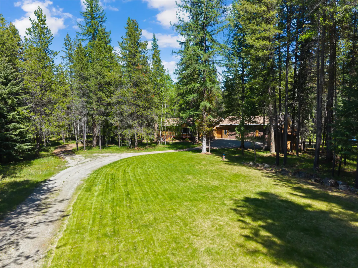 Exterior view of a log cabin home with a gravel driveway and green lawn surrounded by tall pine trees.