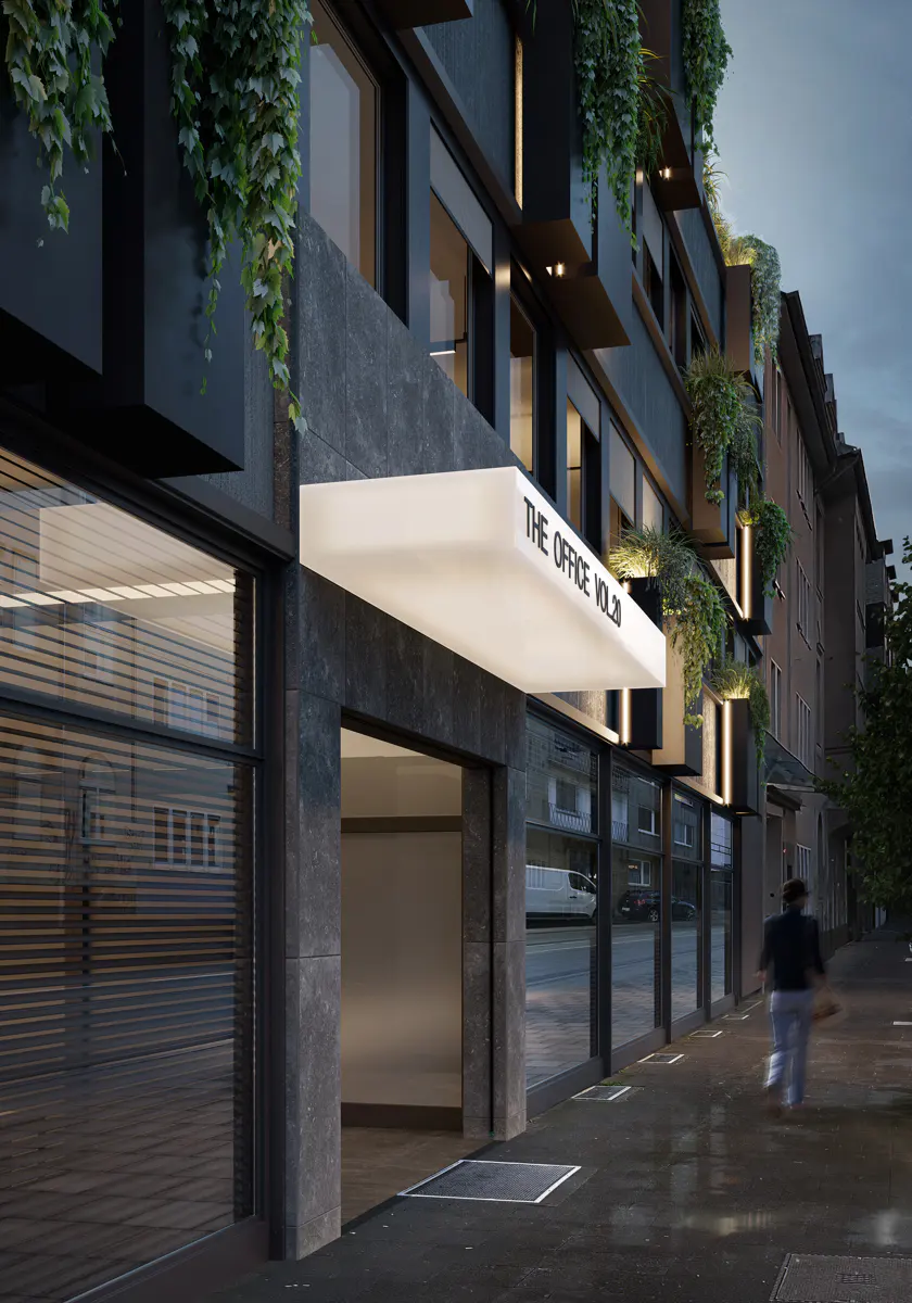 Exterior view of "The Office Vol.20" building with a white awning, dark stone facade, and hanging plants. A blurred figure walks on the sidewalk.