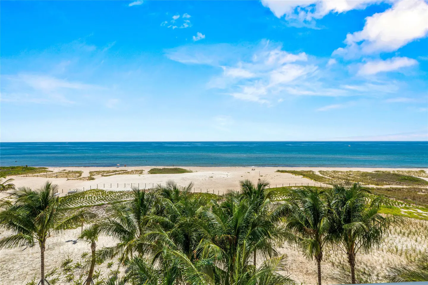 Beach view with palm trees, white sand, and blue ocean under a partly cloudy sky.