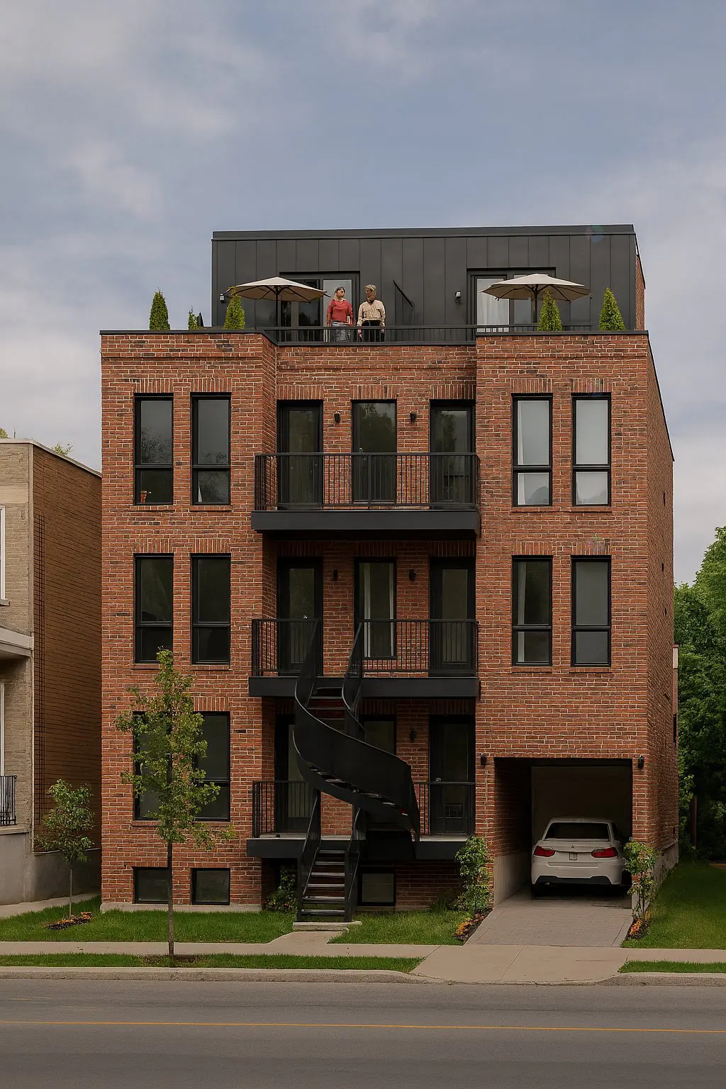 A four-story brick apartment building with black balconies and a spiral staircase. Two people stand on the roof under umbrellas. A white car is parked in the garage.