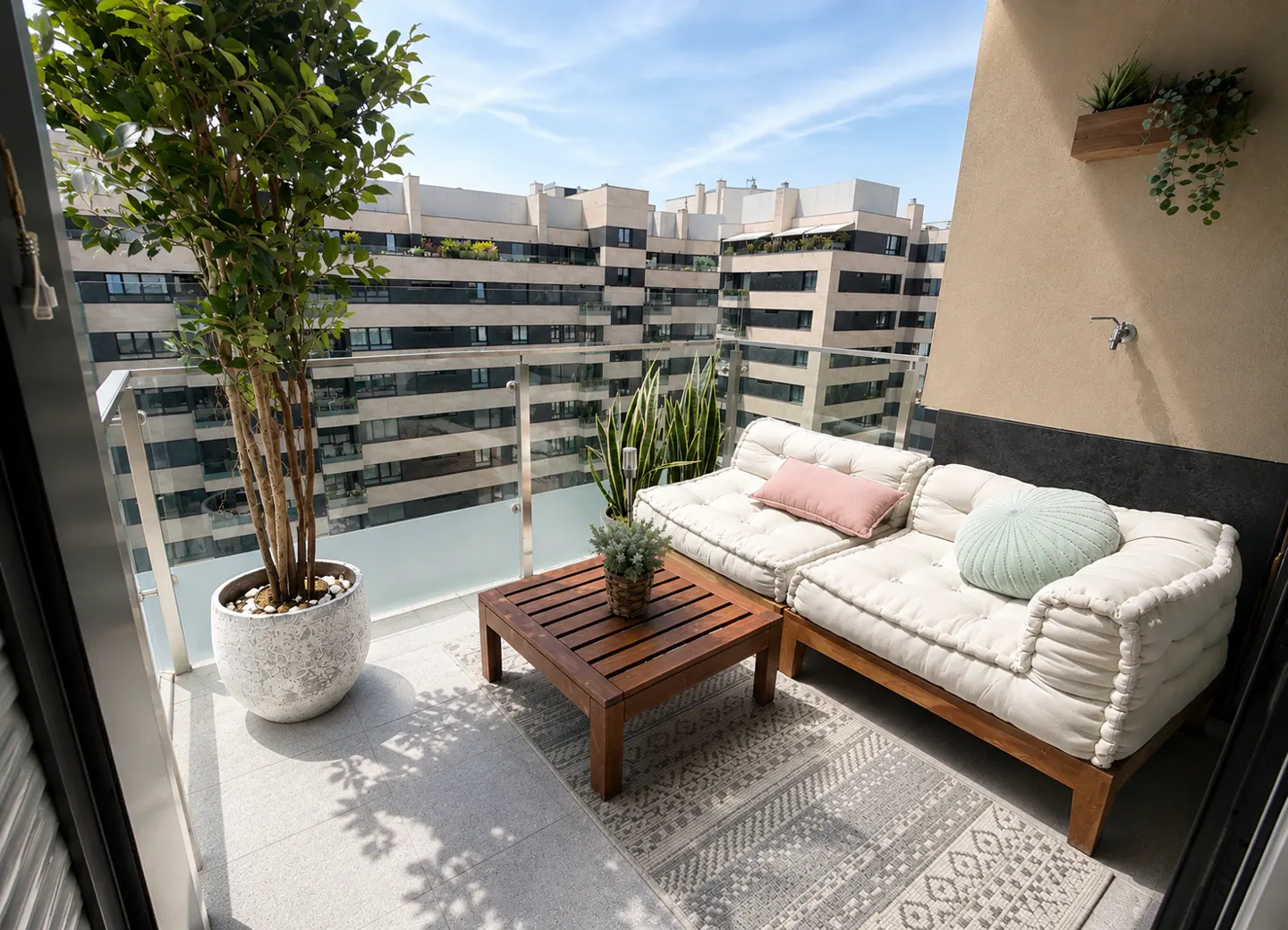 Balcony with a white cushioned sofa, wooden table, and potted plants, overlooking city buildings on a sunny day.