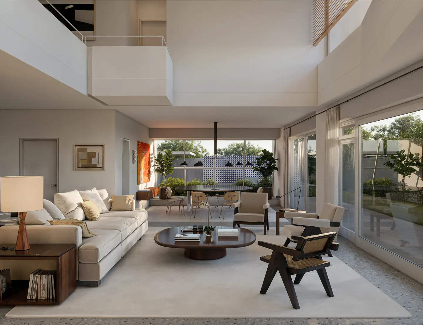 Bright, modern living room with a beige sofa, wooden chairs, and a round coffee table. Large windows offer views of a lush garden.