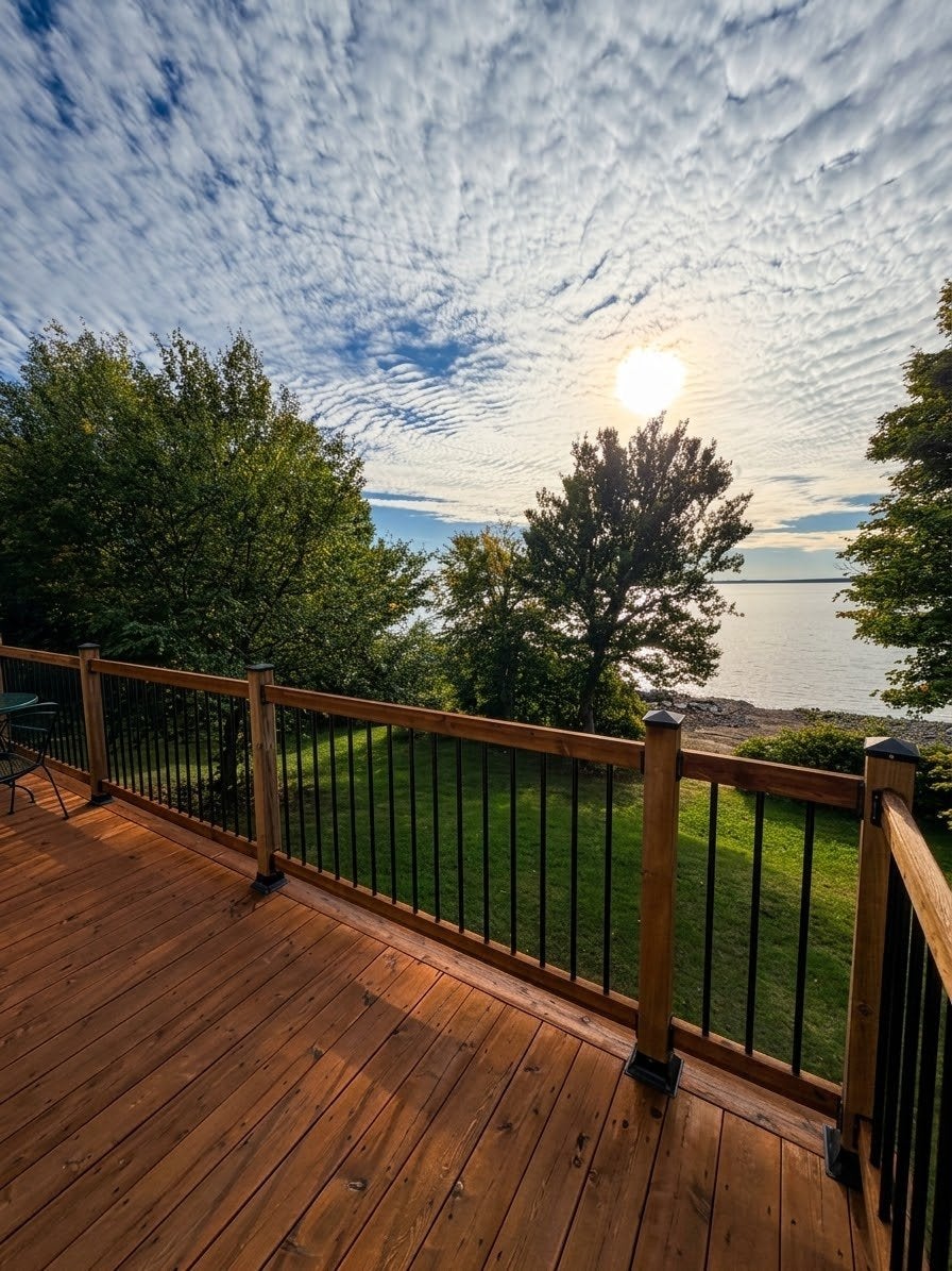 Wooden deck with black railings overlooking a green lawn, trees, and a calm lake under a cloudy sunset sky. [AI-generated text]