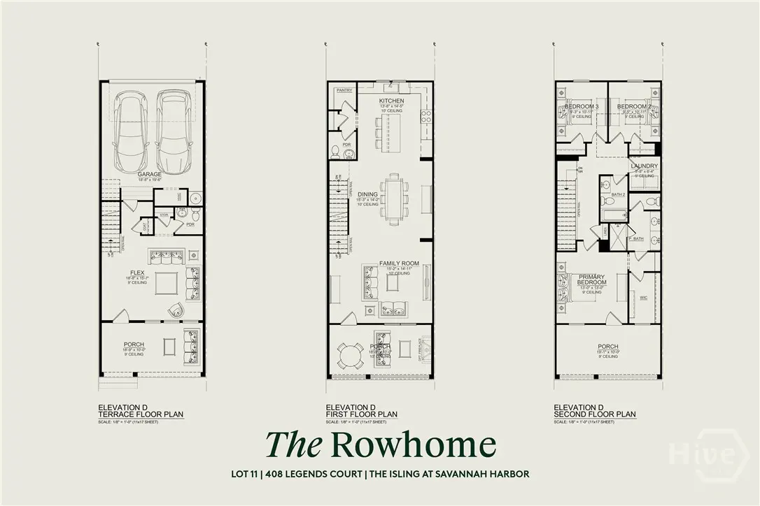 Floor plan for "The Rowhome" showing terrace, first, and second floors. Includes garage, kitchen, bedrooms, and living spaces.