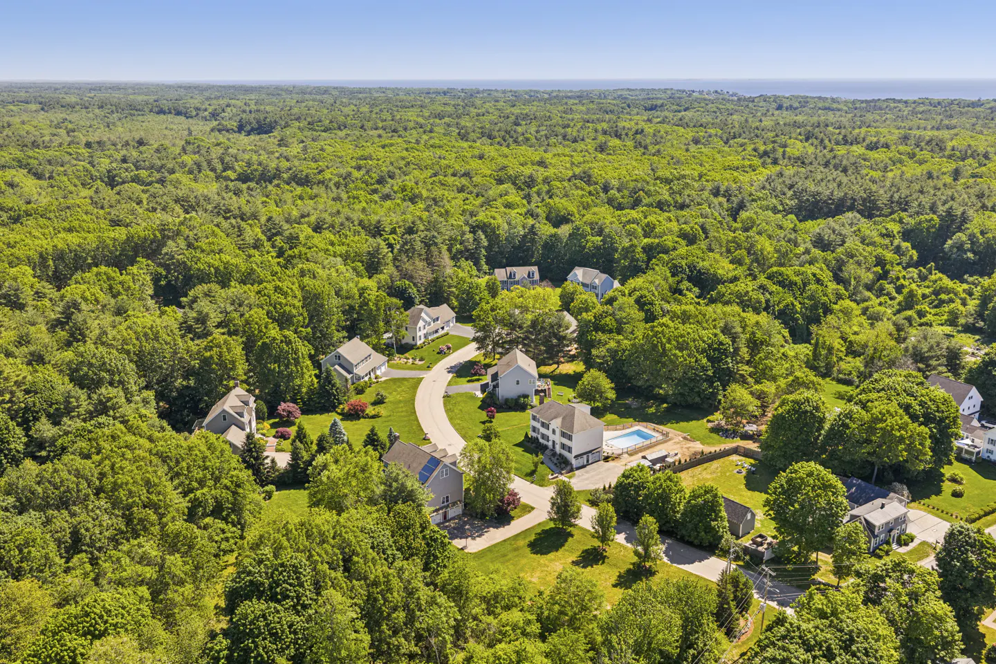 Aerial view of suburban houses nestled in a lush green forest with a swimming pool and winding roads under a clear blue sky.