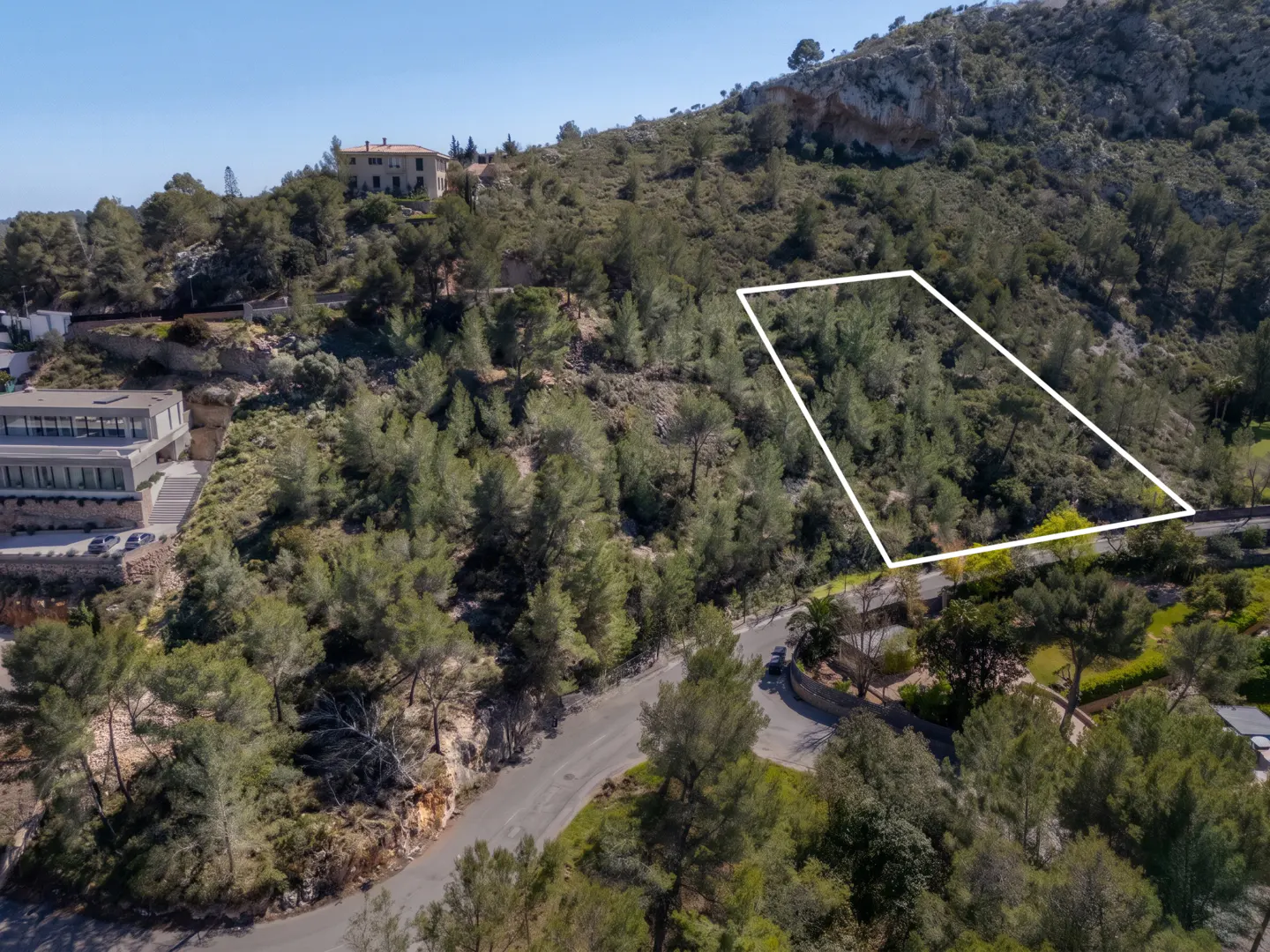 Aerial view of a wooded hillside lot outlined in white, with a road and buildings nearby.