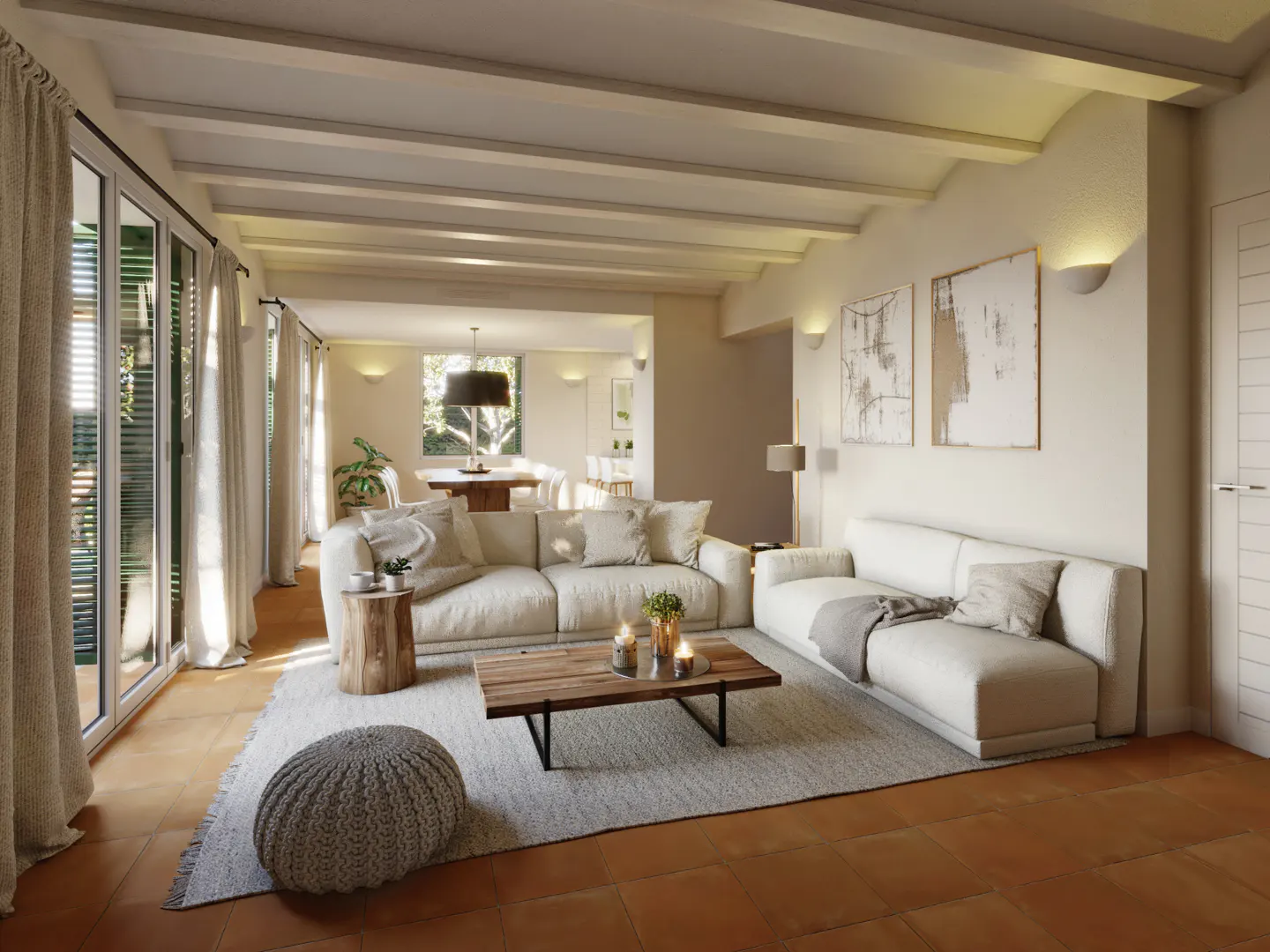 Bright, open-concept living room with cream sofas, a wooden coffee table, and terracotta tile floors under beamed ceilings.