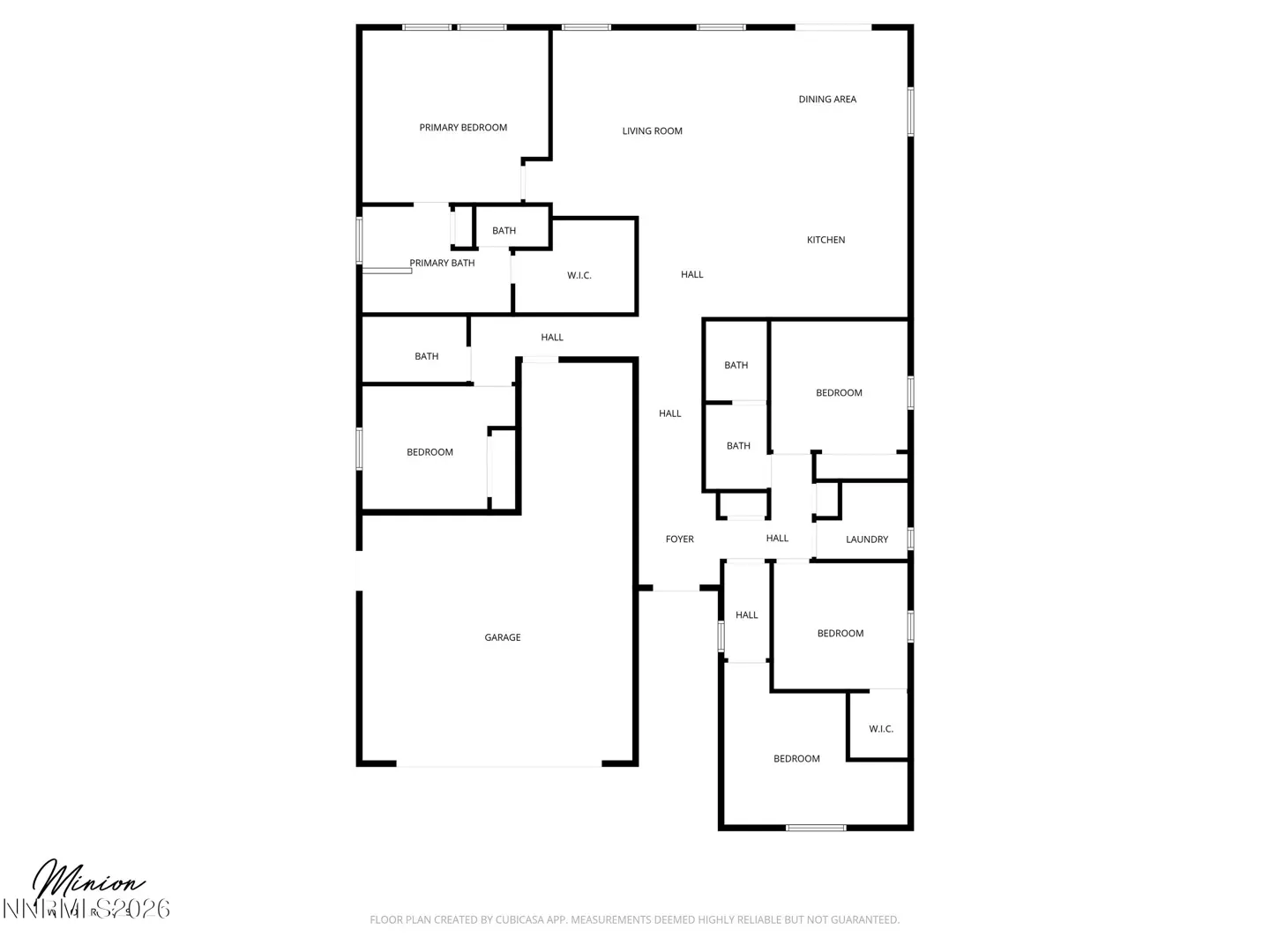 Floor plan of a house with a primary bedroom, living room, kitchen, dining area, garage, and multiple bedrooms and bathrooms.