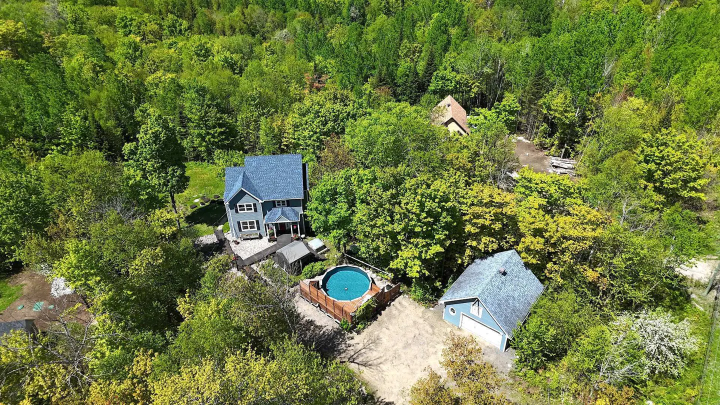 Aerial view of a blue house with a pool and garage surrounded by lush green trees.