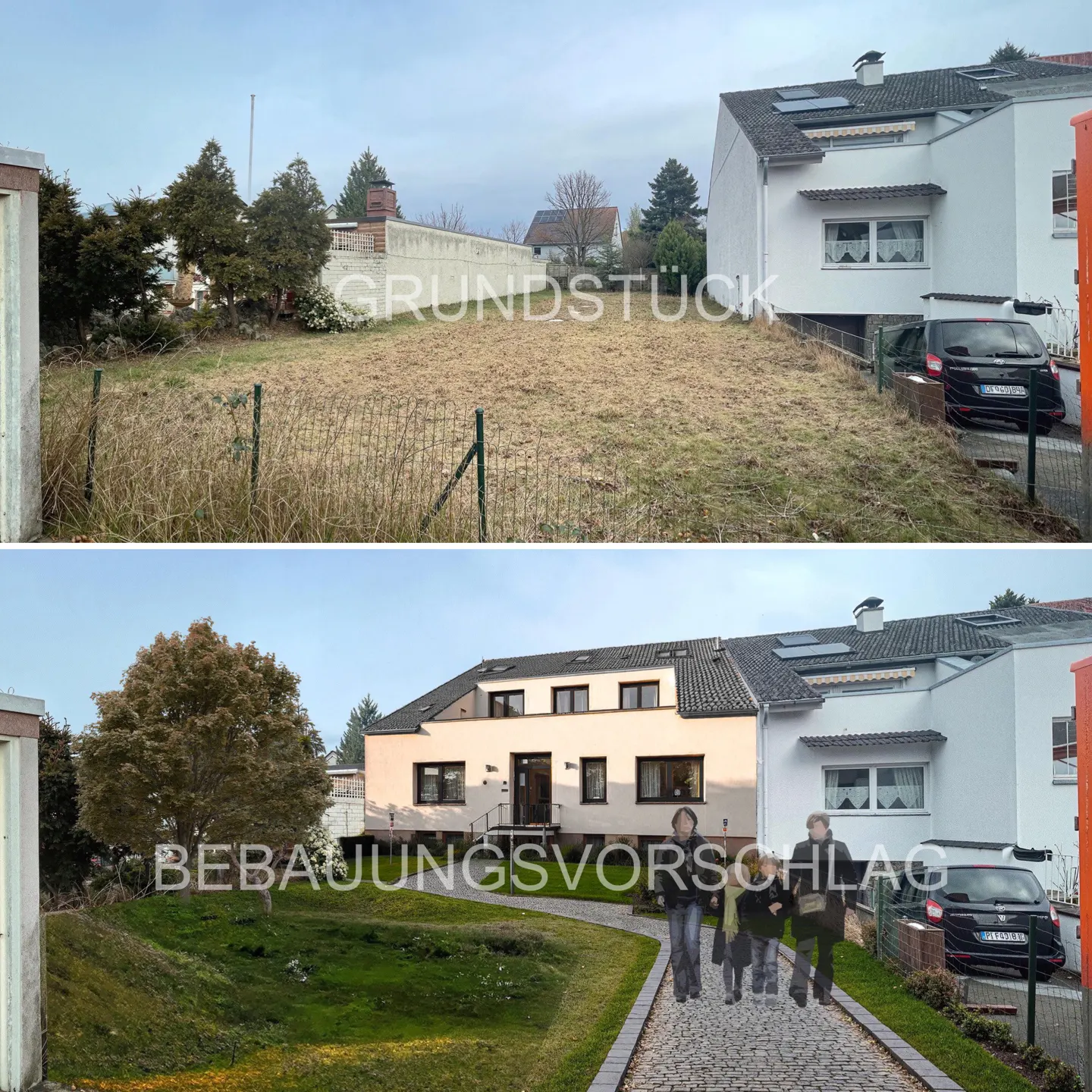 Split image: Top shows a vacant lot with text "Grundstuck". Bottom shows a house built on the lot with text "Bebauungsvorschlag".