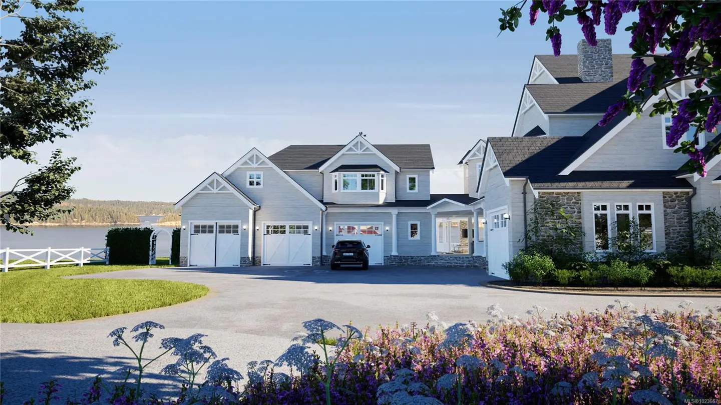 A two-story light gray house with white trim, a black roof, and a three-car garage on a sunny day. A black car is parked in the driveway.