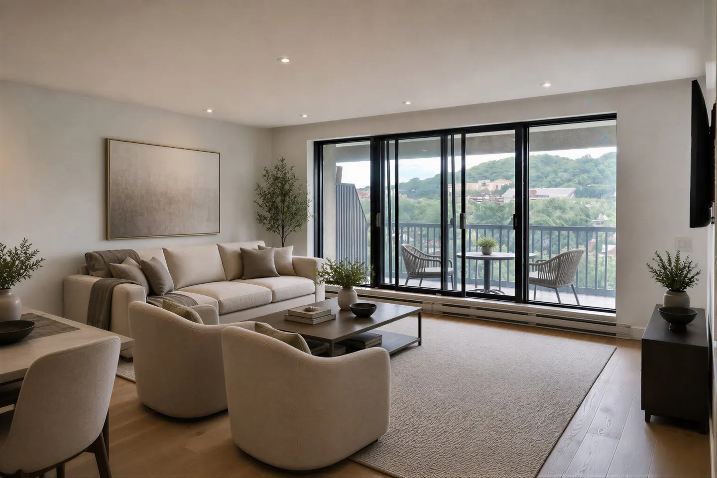 Bright living room with beige sofa, chairs, and rug. Sliding glass doors lead to a balcony with a view of green hills.