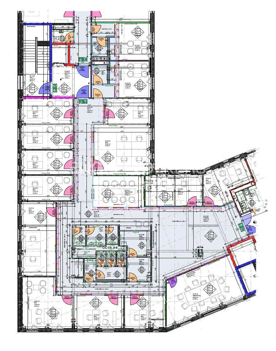 Architectural floor plan with rooms, desks, and colored accents for doors and stairs.