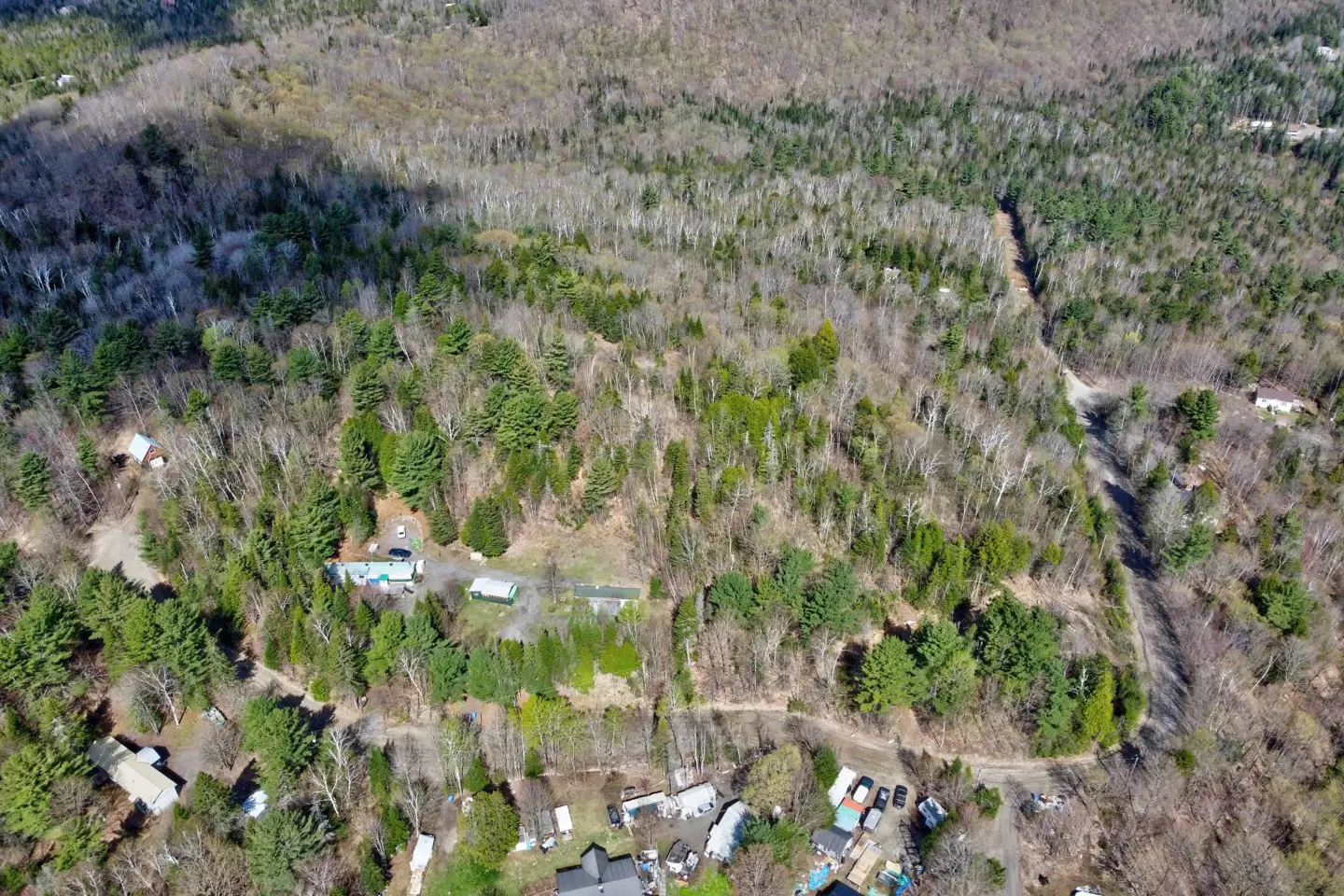 Aerial view of a wooded lot with a dirt road winding through it. Some houses are visible at the bottom and in the distance.
