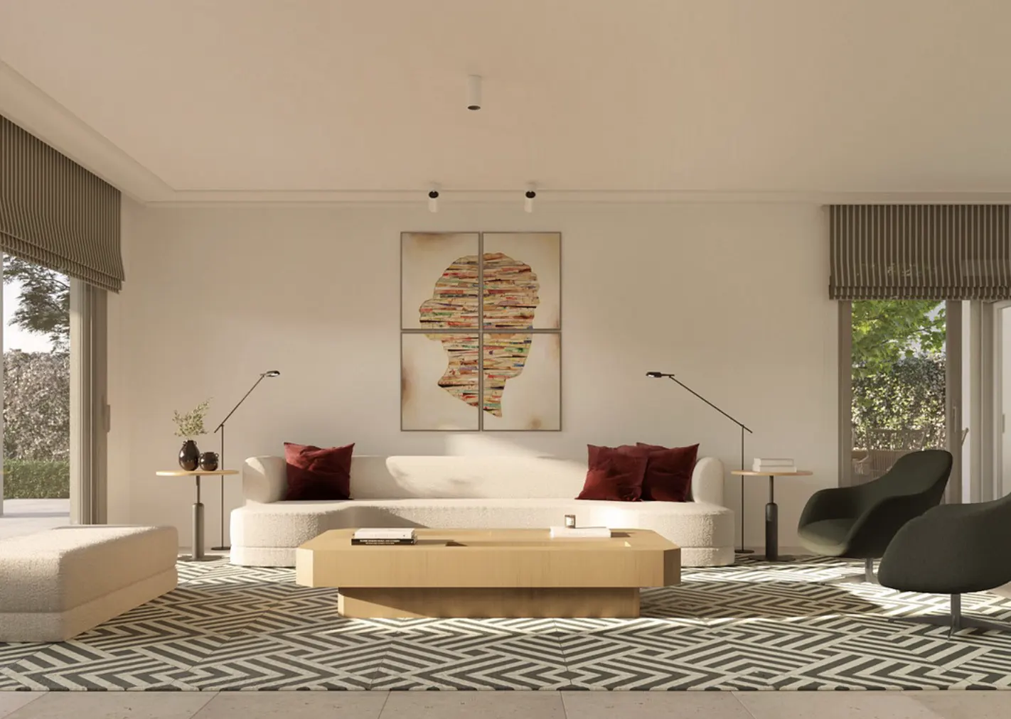Bright living room with a cream sofa, maroon pillows, and a light wood coffee table on a patterned rug. Artwork of a head on the wall.