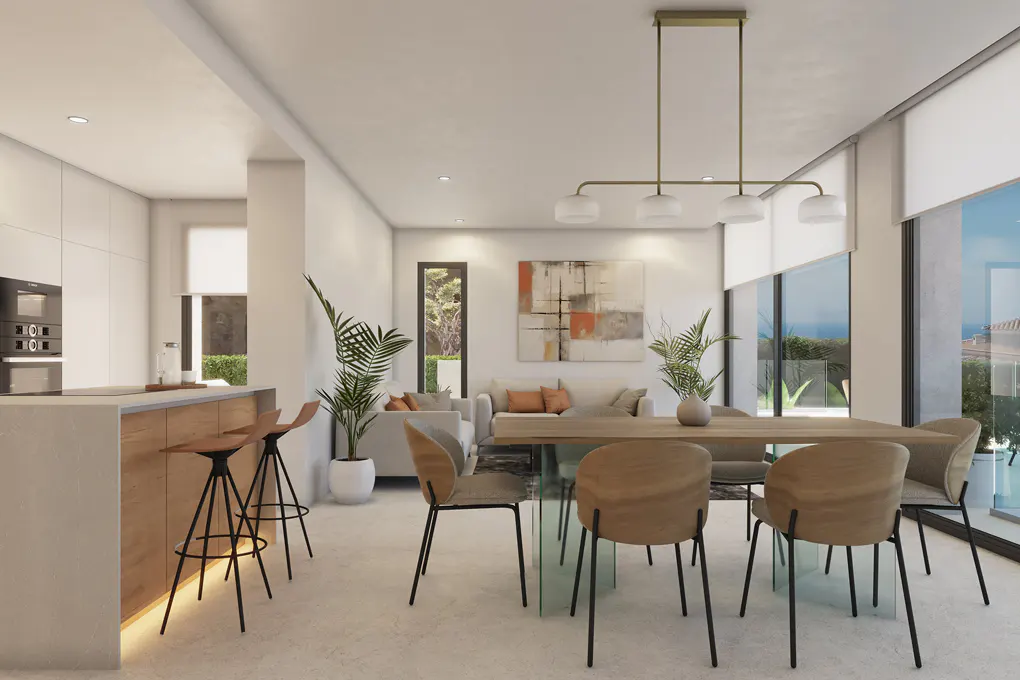 Open-concept living space with a dining table, chairs, and a kitchen island with bar stools. Large windows offer a view of the outdoors.