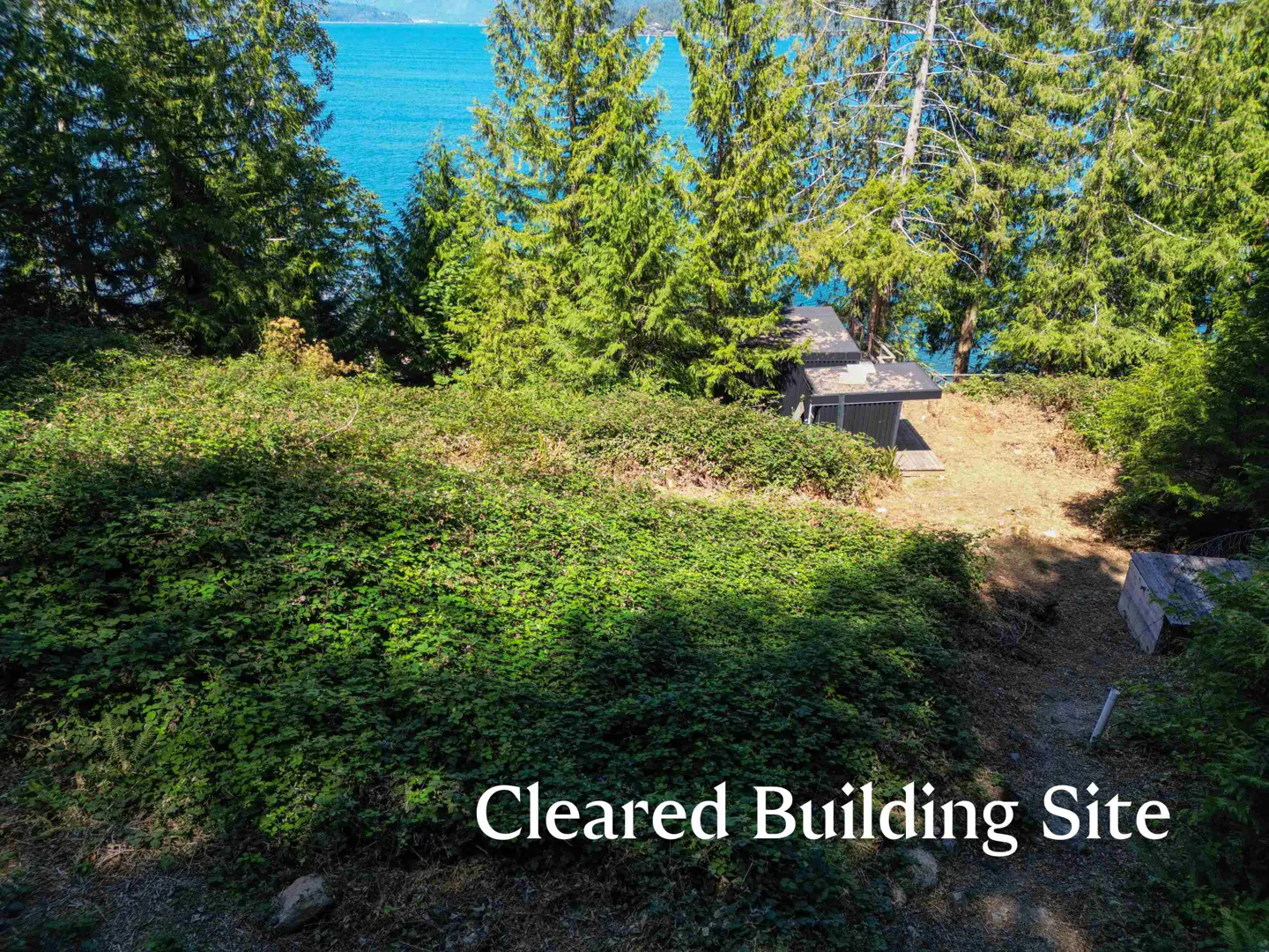 Cleared building site with green bushes, trees, and a glimpse of blue ocean in the background.