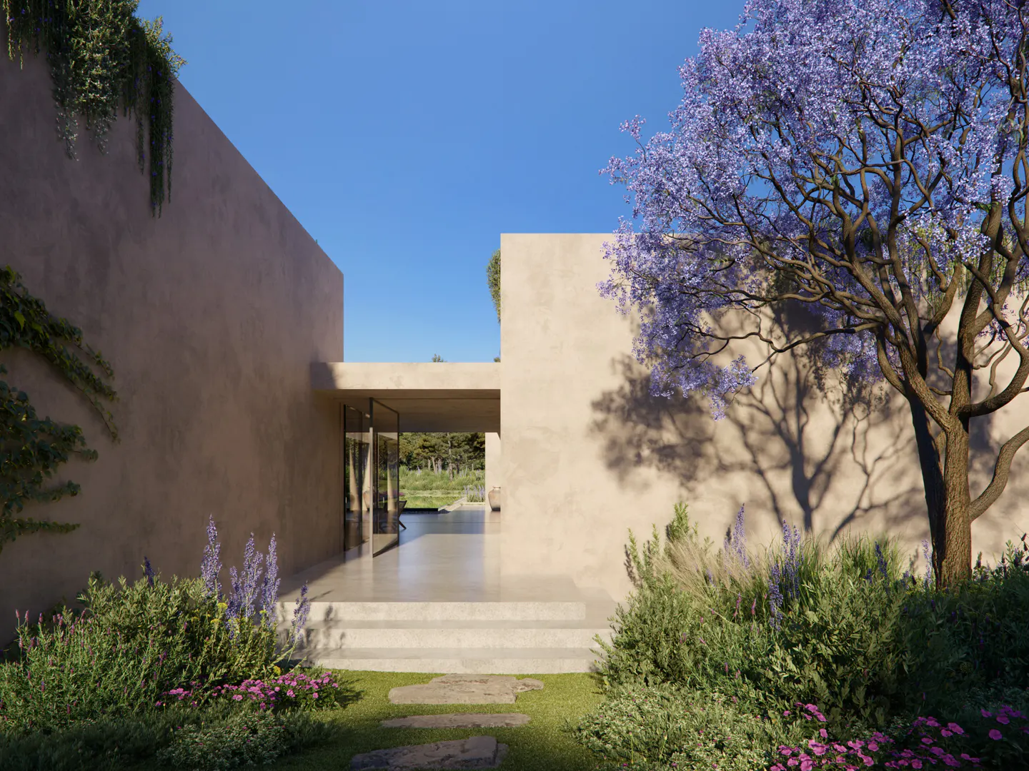 Modern home exterior with beige walls, glass doors, and a purple jacaranda tree in the garden.