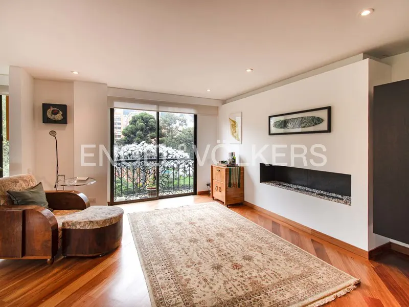 Living room with wood floors, a patterned rug, and a brown chaise lounge. A balcony overlooks trees. A modern fireplace is on the wall.
