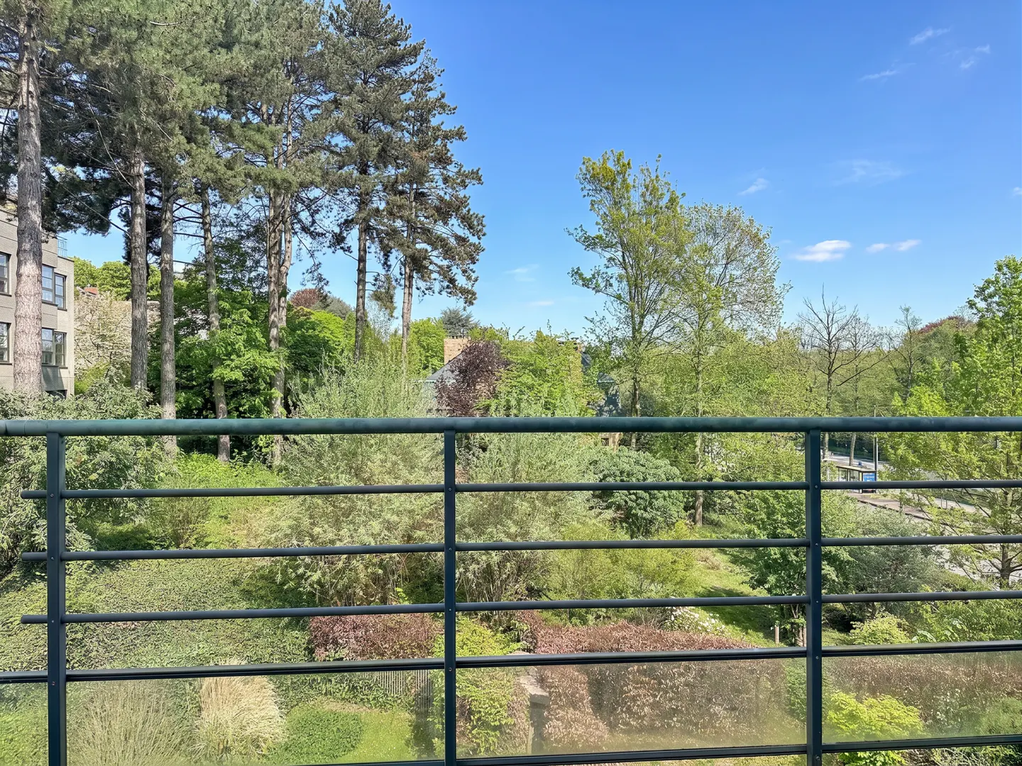 View from a balcony with a green metal railing overlooking a lush green garden with trees and shrubs under a blue sky.