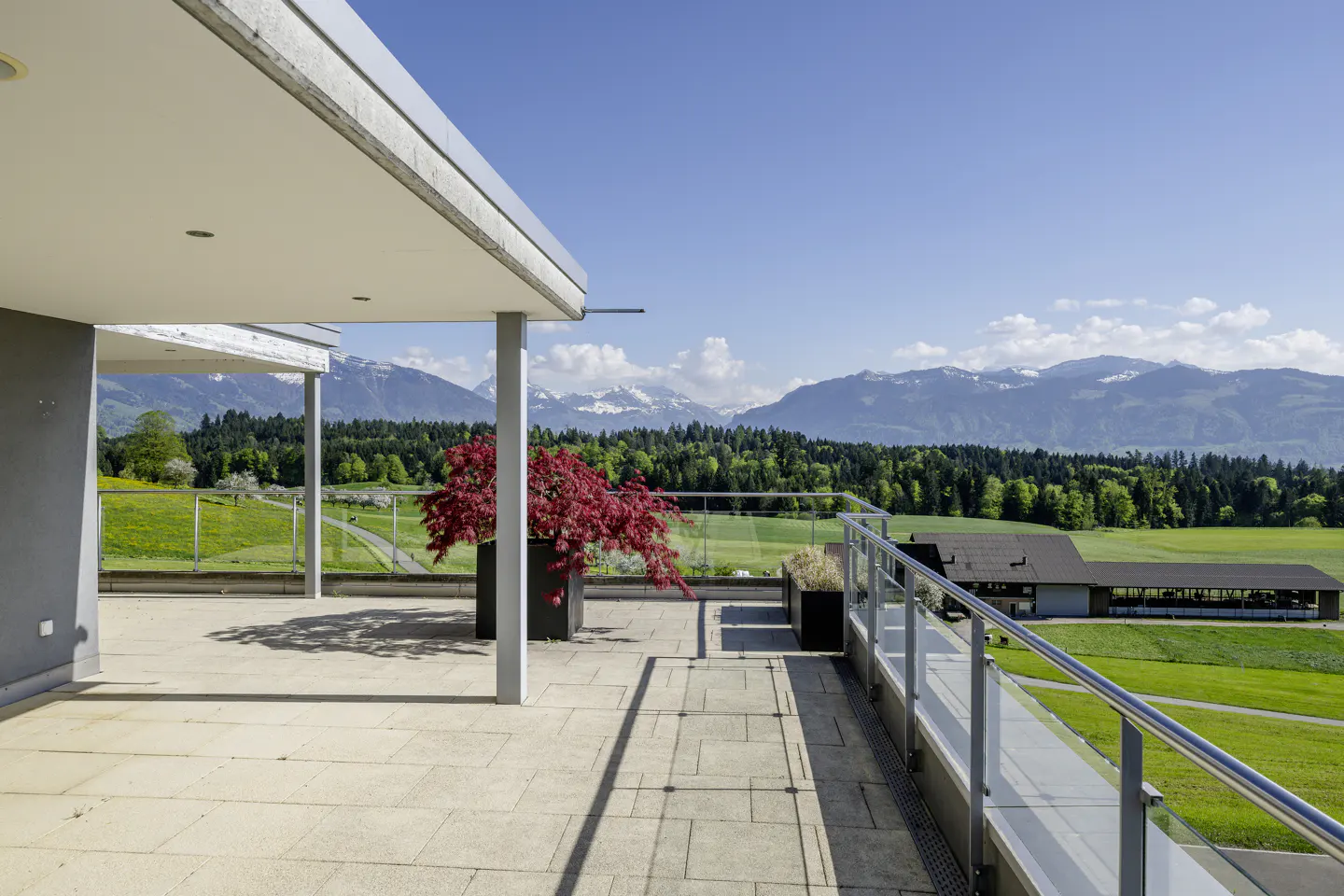 Balcony view with red Japanese maple in a pot, glass railing, and mountain vista.